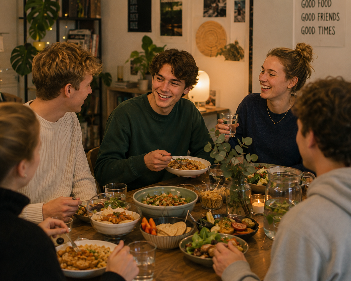 Vrienden zitten samen aan tafel met plantaardige hapjes